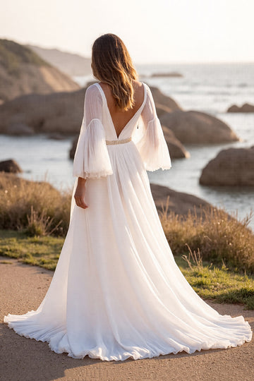 White Long Sleeve A Line Wedding Dress with Slit